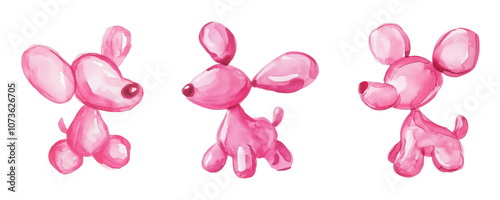 Watercolor set of dog helium balloon pink color png. 3d design element in plastic cartoon style. Icon isolated on transparent background. Vector illustration