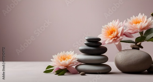 Spa concept with zen basalt stones with flowers