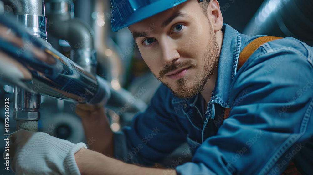 A Skilled Plumber Working on Intricate Piping Systems in a Commercial Facility During the Afternoon, Demonstrating Expertise and Focus on the Task at Hand