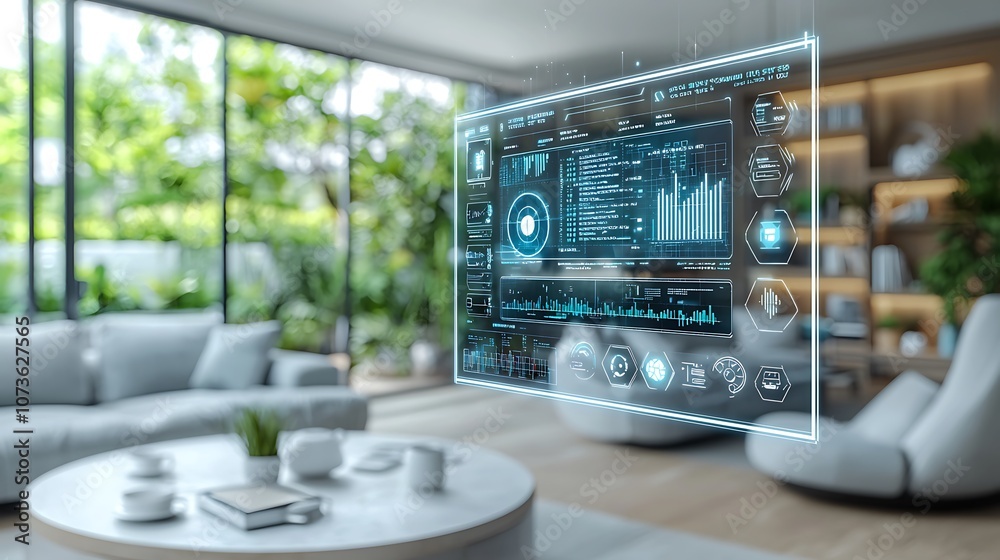 Obraz premium A futuristic living room interior with a large holographic display showing a smart home control interface.