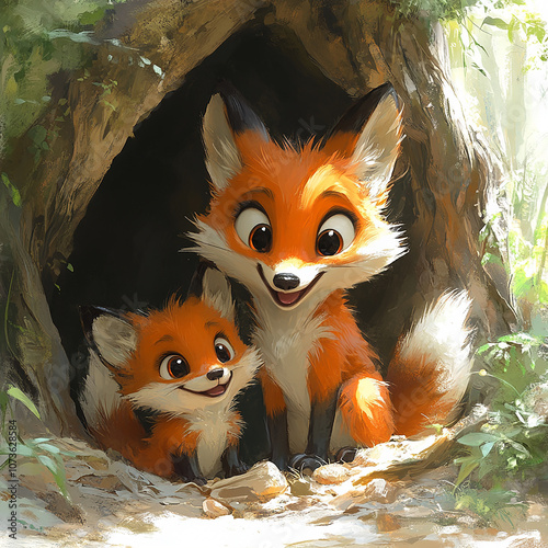 A mother fox and her cub peek out from their den in the forest, smiling playfully. photo