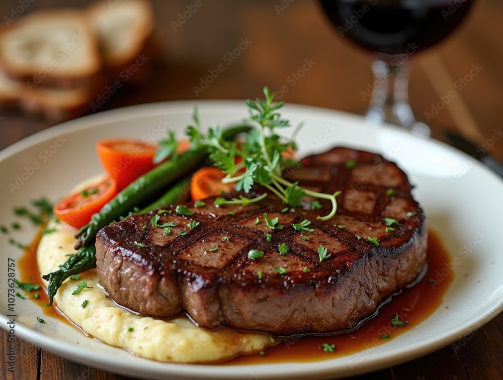 Savor the juicy flavor of grilled ribeye steak with fresh vegetables and fine red wine Savor the juicy flavor of grilled ribeye steak with fresh vegetables and fine red wine