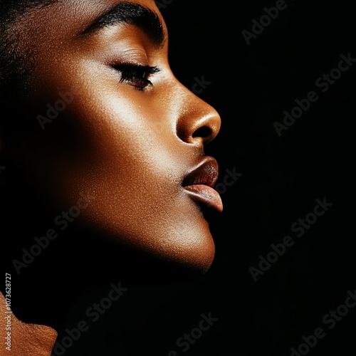 Close-up of a person s face in profile, illuminated by intense artificial lighting, dramatic shadows, high detail photo