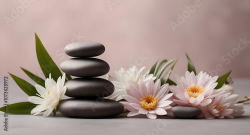 Spa concept with zen basalt stones with flowers