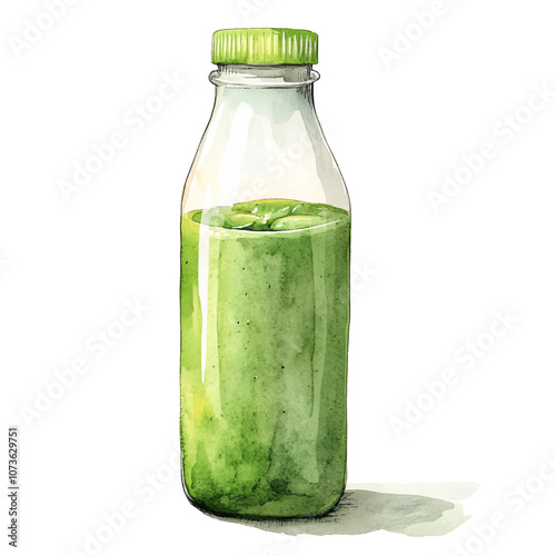 Watercolor bottle with green smoothie cap. The transparent glass bottle is closed with a cap and filled with green smoothie. Concept of healthy eating and detox. Vector illustration.