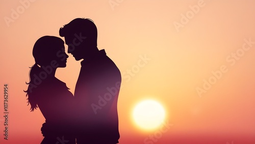 Heartfelt Valentine Illustration of Lovers in an Embrace at Sunset.