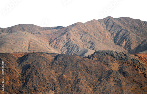 Peaks of brown sandy hills and mountains, isolated on white, as nature background or texture , PNG