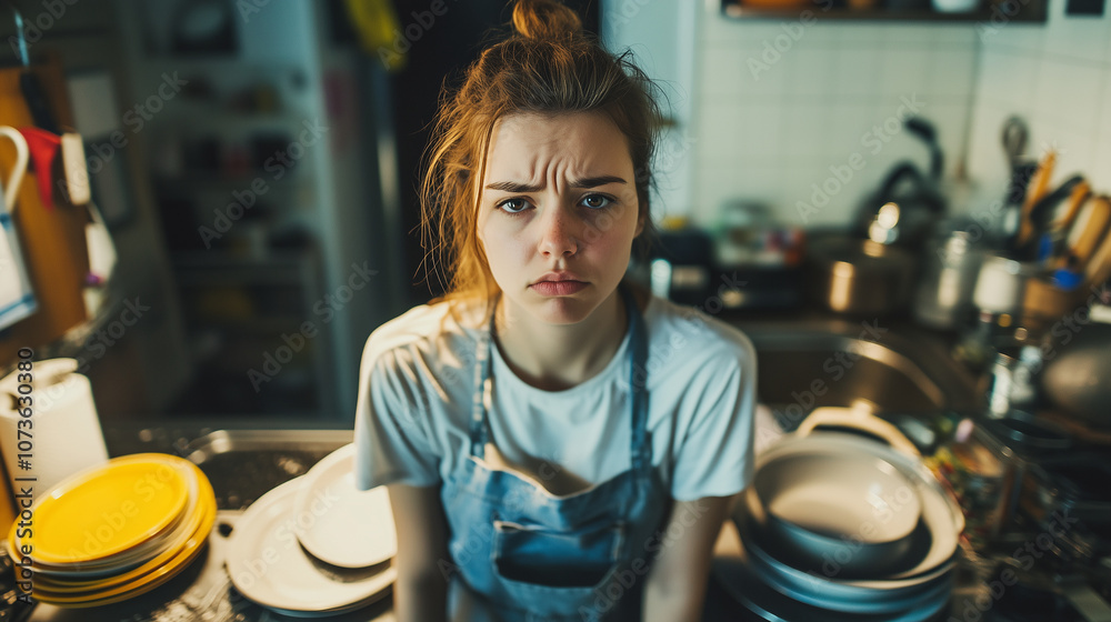 Naklejka premium Kobieta stoi w kuchni otoczona brudnymi naczyniami, wyraźnie przytłoczona stresem związanym z nadmiarem obowiązków. 