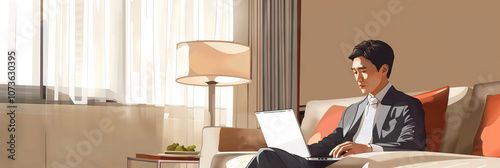 Asian Businessman Using Laptop in Hotel Room photo