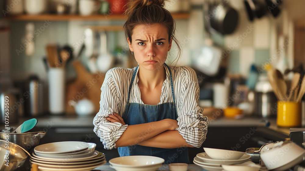 Naklejka premium Kobieta stoi w kuchni otoczona brudnymi naczyniami, wyraźnie przytłoczona stresem związanym z nadmiarem obowiązków. 