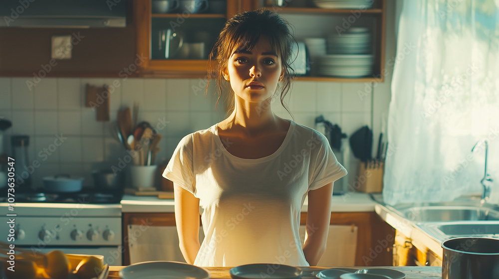 Naklejka premium Kobieta stoi w kuchni otoczona brudnymi naczyniami, wyraźnie przytłoczona stresem związanym z nadmiarem obowiązków. 