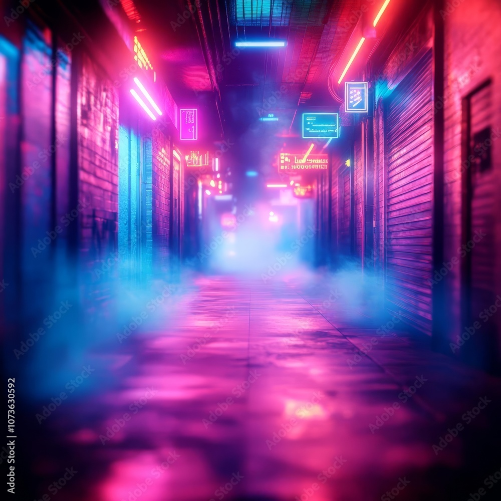 Neon-lit alley with fog swirling, artificial lighting casting vivid reflections, cyberpunk aesthetic, dark and moody atmosphere Neon-lit alley with fog swirling, artificial lighting casting vivid reflections, cyberpunk aesthetic, dark and moody atmosphere