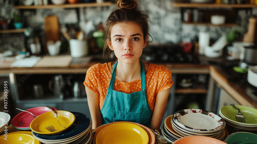 Naklejka premium Kobieta stoi w kuchni otoczona brudnymi naczyniami, wyraźnie przytłoczona stresem związanym z nadmiarem obowiązków. 