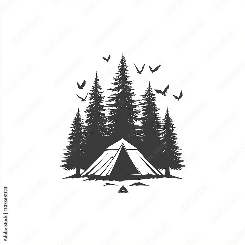 A simple silhouette of a tent in front of a pine forest. A simple silhouette of a tent in front of a pine forest.