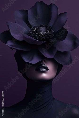 Mysterious woman with a large black flower obscuring her face