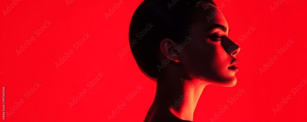 Portrait of a woman illuminated by harsh red artificial light, deep shadows, intense expression, cinematic style Portrait of a woman illuminated by harsh red artificial light, deep shadows, intense expression, cinematic style