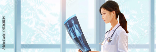 Female Doctor Examining X-ray with Stethoscope photo