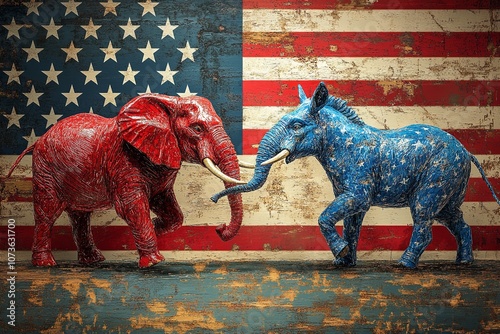 A Red Elephant and Blue Donkey Fighting in Front of an American Flag

 photo