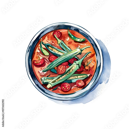 A watercolor illustration of a bowl of okra and tomato stew. photo