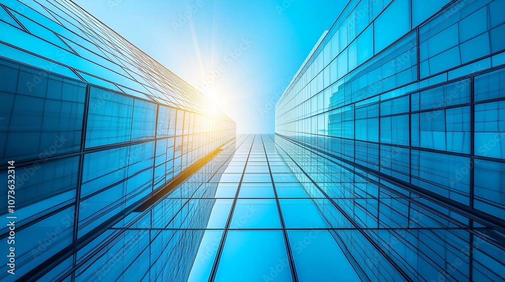 Modern Skyscrapers with Glass Facades, Viewed from Below, Featuring Sunlight Rays Conveying Growth, Luxury Real Estate, Business Transformation, and Technological Innovation Against a Clear Blue Sky. Modern Skyscrapers with Glass Facades, Viewed from Below, Featuring Sunlight Rays Conveying Growth, Luxury Real Estate, Business Transformation, and Technological Innovation Against a Clear Blue Sky.