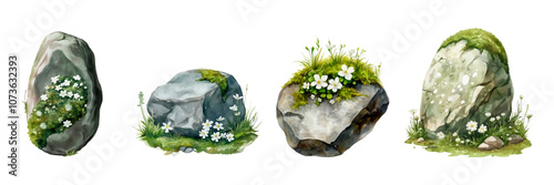 A set of watercolor forest paintings of stones covered with green moss with flowers png. Forest gray watercolor stones on a transparent background.
