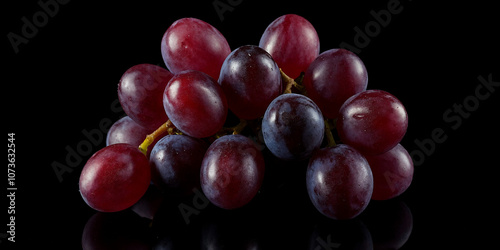 Rote und violette Weintrauben in einer kompakten Anordnung auf schwarzem Hintergrund, die Frische und Saftigkeit unterstreichen. Ideal für gesunde Ernährung und Lebensmittelästhetik photo