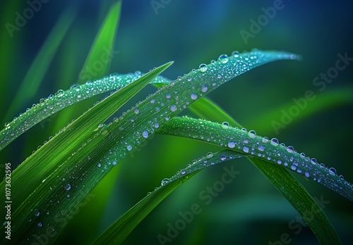 Dew Drops on Grass Blades: Serene Nature Close-up