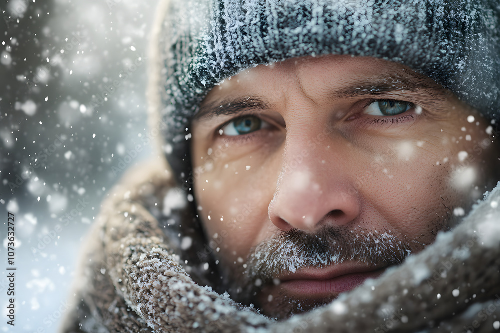 Close-up portrait of a man with blue eyes wearing a knitted hat and scarf in snowy weather. Close-up portrait of a man with blue eyes wearing a knitted hat and scarf in snowy weather.