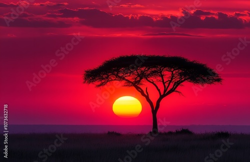 A Red Sunset Casts Its Glow Over the African Savannah with Trees

 photo