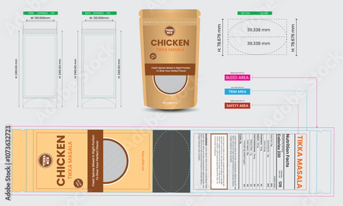Chicken tikka masala pouch design template, pouch packaging mockup, 100% pure , food and product branding design