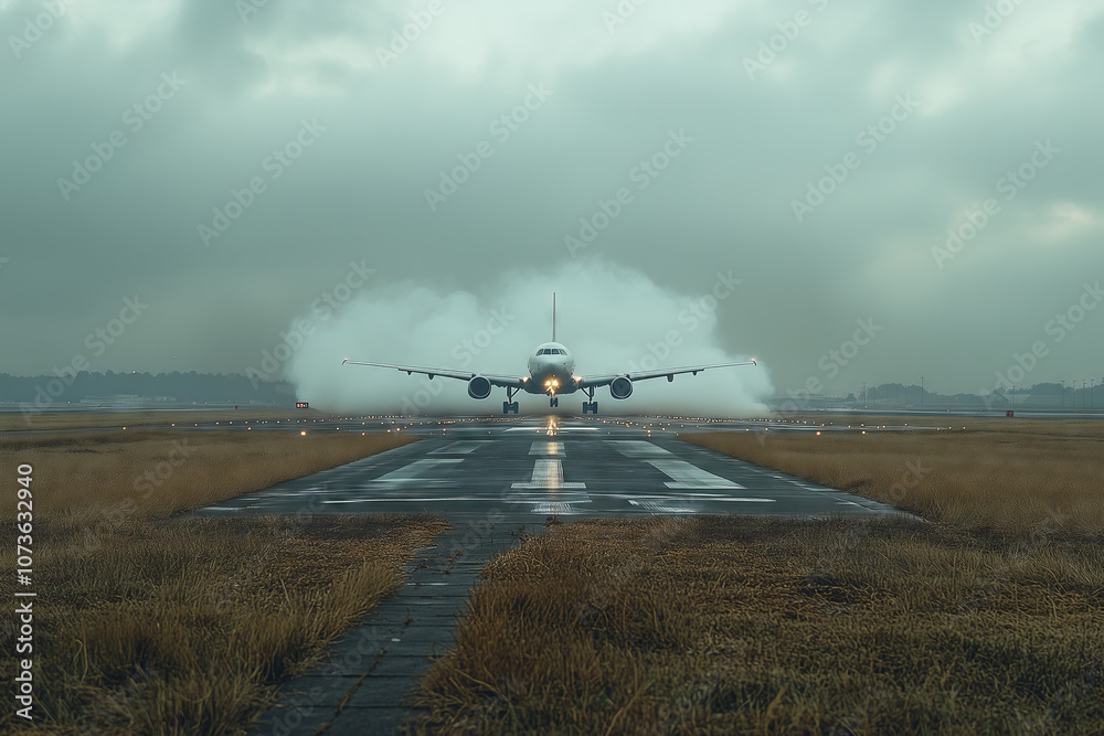 Fototapeta premium An airplane lands gracefully at sunset in the mountains