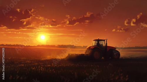 Tractor Working in Field at Sunset