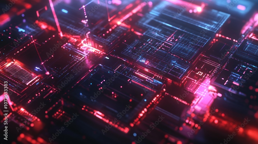 Obraz premium Abstract digital landscape with glowing circuits and data streams in vibrant colors.