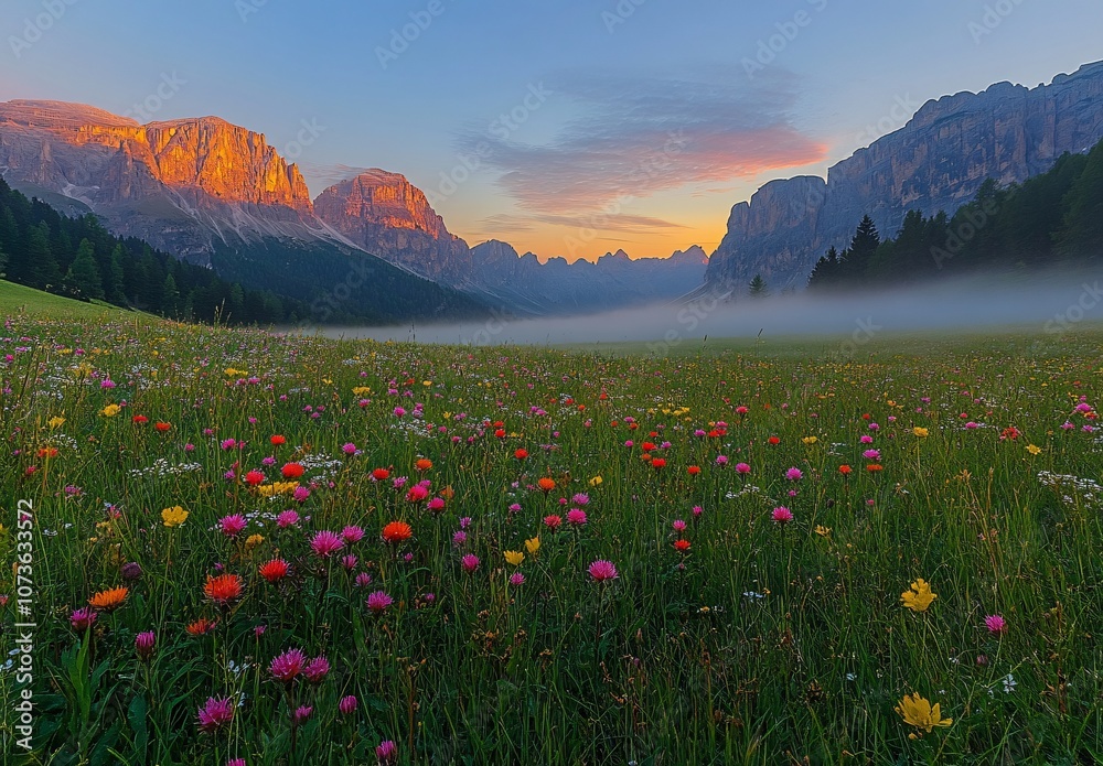 Fototapeta premium Sunrise Over Dolomites Meadow with Flowers