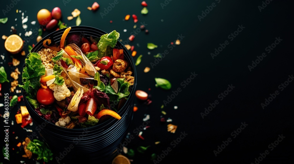 Vibrant salad with fresh ingredients and scattered toppings on a dark background. Vibrant salad with fresh ingredients and scattered toppings on a dark background.