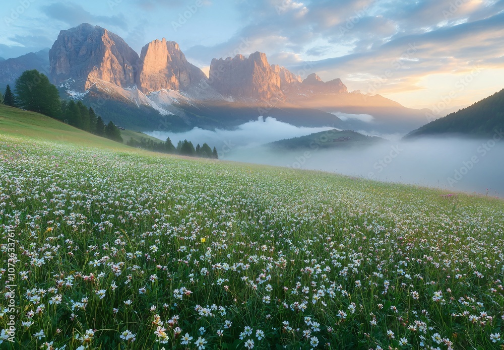 Fototapeta premium Dolomites Sunrise: Foggy Meadow with Wildflowers