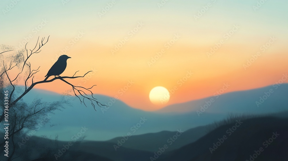 A lone bird silhouetted on a bare branch at sunrise over a misty mountain range. A lone bird silhouetted on a bare branch at sunrise over a misty mountain range.