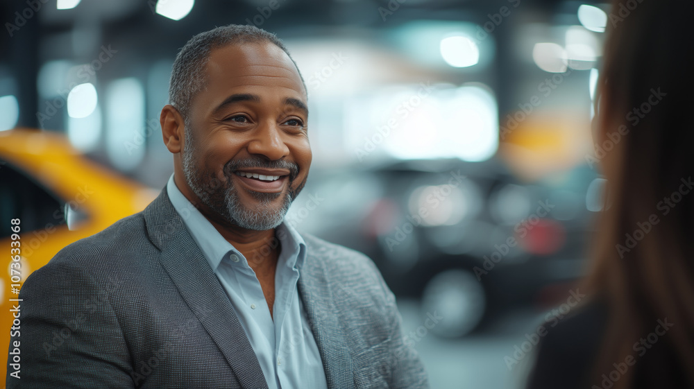 A cheerful middle-aged man enjoys a conversation in a bustling car dealership A cheerful middle-aged man enjoys a conversation in a bustling car dealership