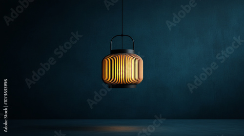 A single hanging lantern with a warm glow illuminates a dark blue wall.