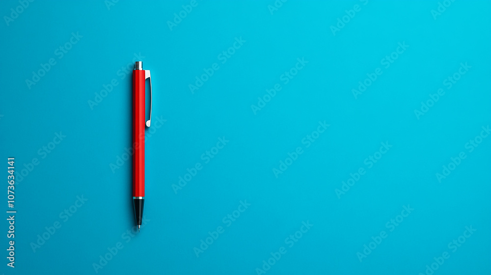 A single red pen on a blue background. A single red pen on a blue background.