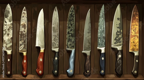 Collection of Sharp Kitchen Knives on Wooden Rack