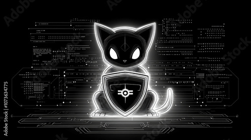 A stylized black cat holding a shield with a glowing white outline, against a black background with white circuit board pattern.