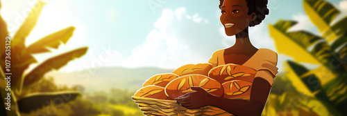 African Woman Holding Basket of Bread photo