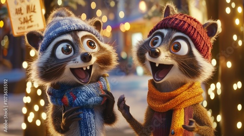 Excited raccoons and squirrels shop amidst festive decorations