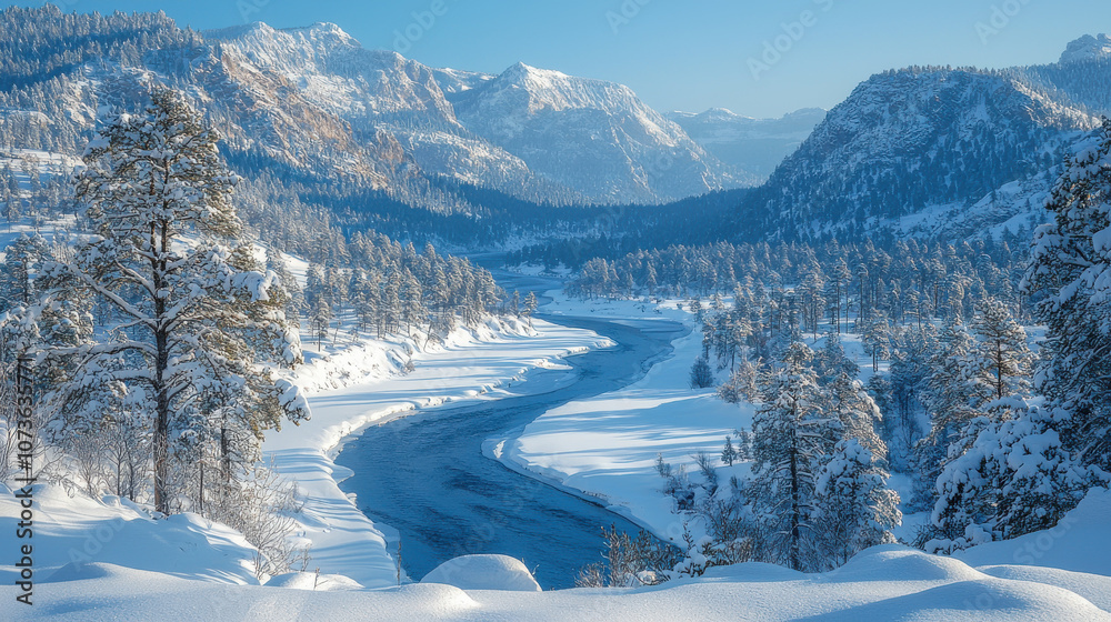 Naklejka premium scenic view of snowy valley with winding river, surrounded by snow covered trees and majestic mountains under clear blue sky, creating serene winter landscape