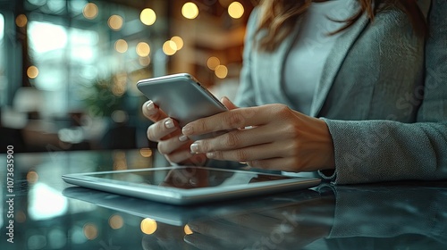 Close up Woman using smartphone during working at office with digital tablet on table social network