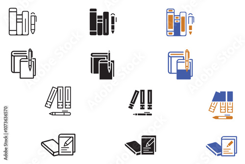 Book with pencil icon set. Vector illustration of study, journal, literature, writing, book, pen, pencil, booklet. Business education task edit signs design