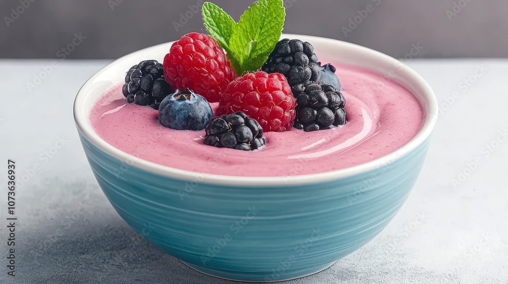 Creamy Berry Yogurt Bowl with Fresh Raspberries, Blackberries, Blueberries, and Mint Leaves Decoratively Presented in a Light Blue Ceramic Bowl Creamy Berry Yogurt Bowl with Fresh Raspberries, Blackberries, Blueberries, and Mint Leaves Decoratively Presented in a Light Blue Ceramic Bowl