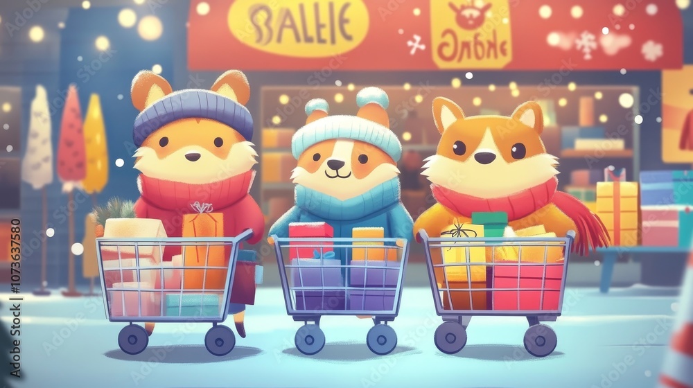 Fototapeta premium Winter animals shopping with sale items in festive store setting