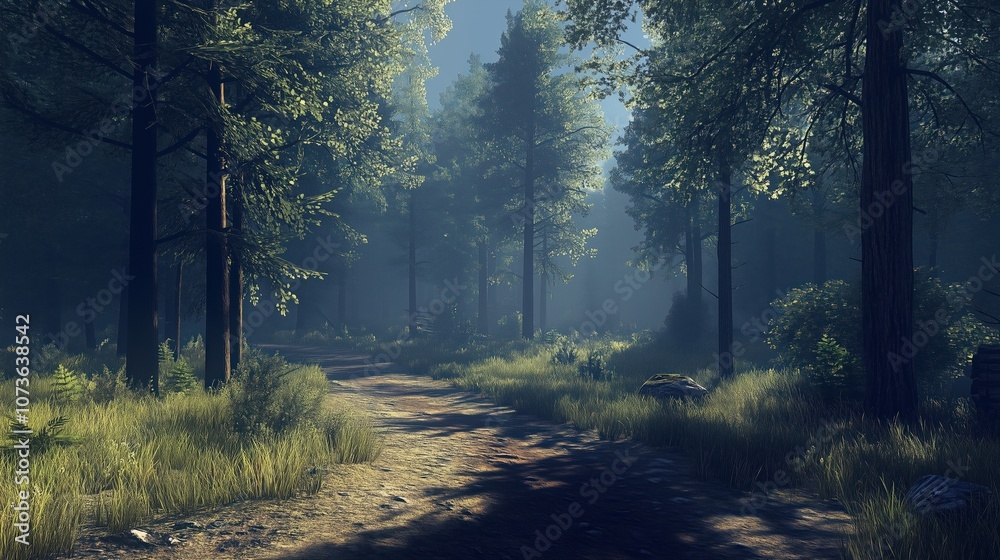 Fototapeta premium Sunlit forest path with lush greenery and tall trees